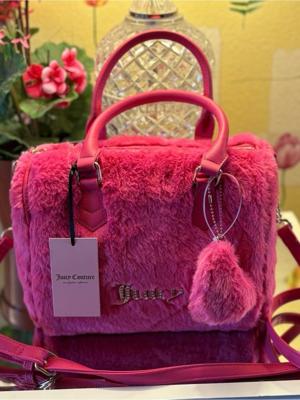 Juicy Couture Free Love Pink Faux Fur Satchel with Rhinestone Accents, NWT